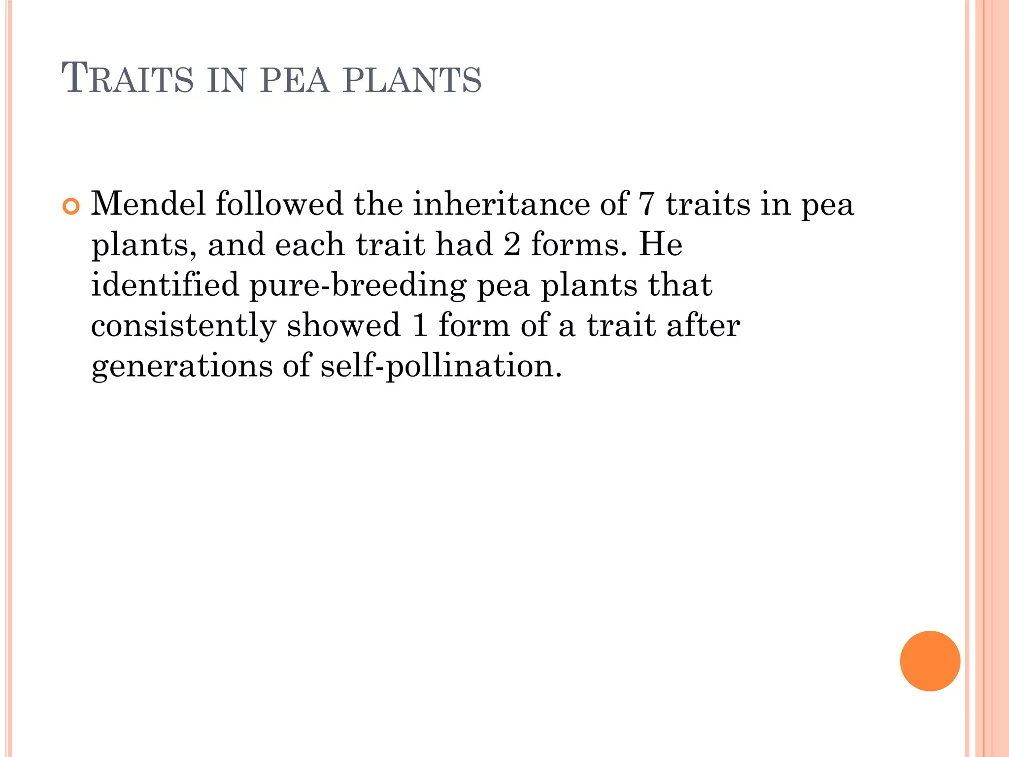 TRAITS IN PEA PLANTS
 Mendel followed the inheritance of 7 traits in pea
plants, and each trait had 2 forms. He
identified pure-breeding pea plants that
consistently showed 1 form of a trait after
generations of self-pollination.
 