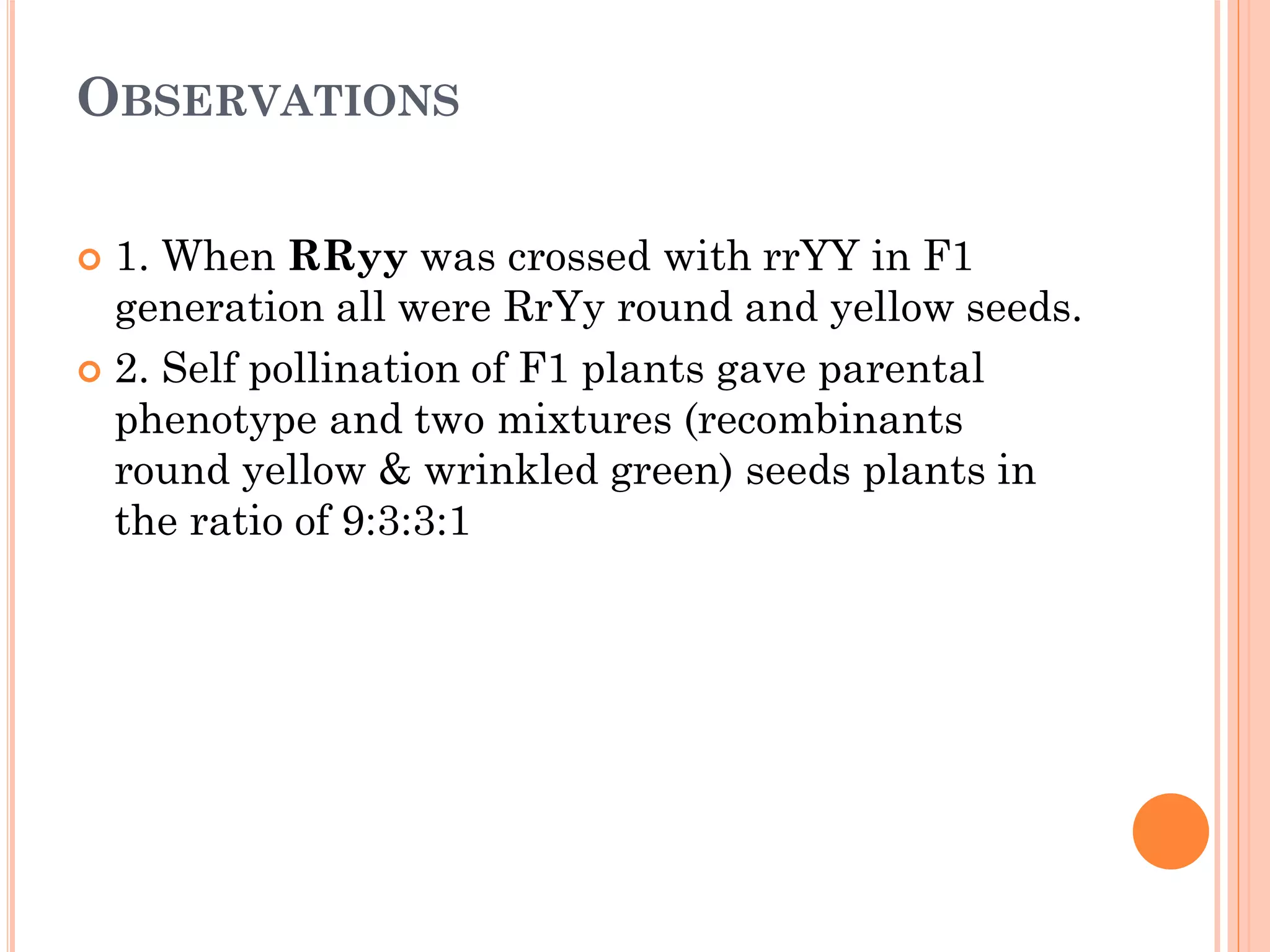 OBSERVATIONS
 1. When RRyy was crossed with rrYY in F1
generation all were RrYy round and yellow seeds.
 2. Self pollination of F1 plants gave parental
phenotype and two mixtures (recombinants
round yellow & wrinkled green) seeds plants in
the ratio of 9:3:3:1
 