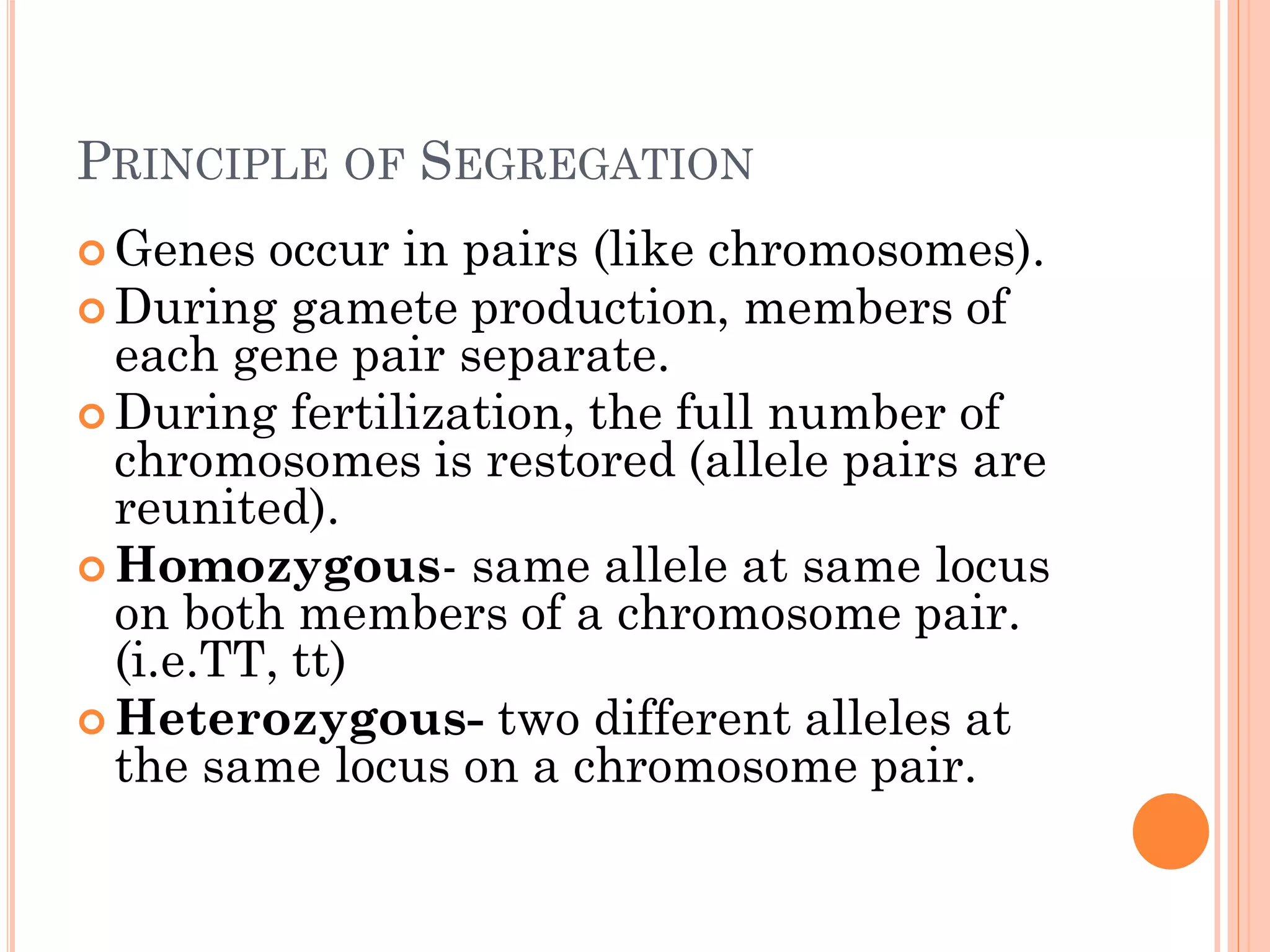 PRINCIPLE OF SEGREGATION
 Genes occur in pairs (like chromosomes).
 During gamete production, members of
each gene pair separate.
 During fertilization, the full number of
chromosomes is restored (allele pairs are
reunited).
 Homozygous- same allele at same locus
on both members of a chromosome pair.
(i.e.TT, tt)
 Heterozygous- two different alleles at
the same locus on a chromosome pair.
 