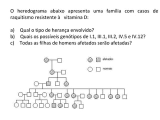 O heredograma abaixo apresenta uma família com casos de
raquitismo resistente à vitamina D:

a) Qual o tipo de herança envolvido?
b) Quais os possíveis genótipos de I.1, III.1, III.2, IV.5 e IV.12?
c) Todas as filhas de homens afetados serão afetadas?
 