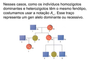 Nesses casos, como os indivíduos homozigotos
dominantes e heterozigotos têm o mesmo fenótipo,
costumamos usar a notação A_. Esse traço
representa um gen alelo dominante ou recessivo.
 