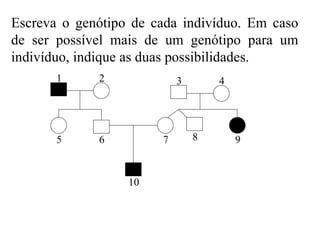 Escreva o genótipo de cada indivíduo. Em caso
de ser possível mais de um genótipo para um
indivíduo, indique as duas possibilidades.
       1     2             3       4




       5     6         7       8       9


                  10
 