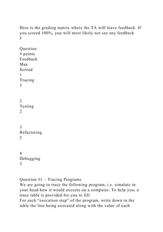 Here is the grading matrix where the TA will leave feedback. If
you scored 100%, you will most likely not see any feedback
J
Question
# points
Feedback
Max
Scored
1
Tracing
3
2
Testing
2
3
Refactoring
2
4
Debugging
3
Question #1 – Tracing Programs
We are going to trace the following program, i.e. simulate in
your head how it would execute on a computer. To help you, a
trace table is provided for you to fill.
For each “execution step” of the program, write down in the
table the line being executed along with the value of each
 