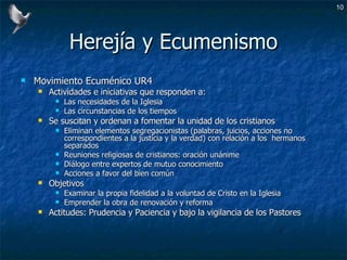 Herejía y Ecumenismo Movimiento Ecuménico UR4 Actividades e iniciativas que responden a: Las necesidades de la Iglesia Las circunstancias de los tiempos Se suscitan y ordenan a fomentar la unidad de los cristianos Eliminan elementos segregacionistas (palabras, juicios, acciones no correspondientes a la justicia y la verdad) con relación a los  hermanos separados Reuniones religiosas de cristianos: oración unánime Diálogo entre expertos de mutuo conocimiento Acciones a favor del bien común Objetivos Examinar la propia fidelidad a la voluntad de Cristo en la Iglesia Emprender la obra de renovación y reforma Actitudes: Prudencia y Paciencia y bajo la vigilancia de los Pastores 
