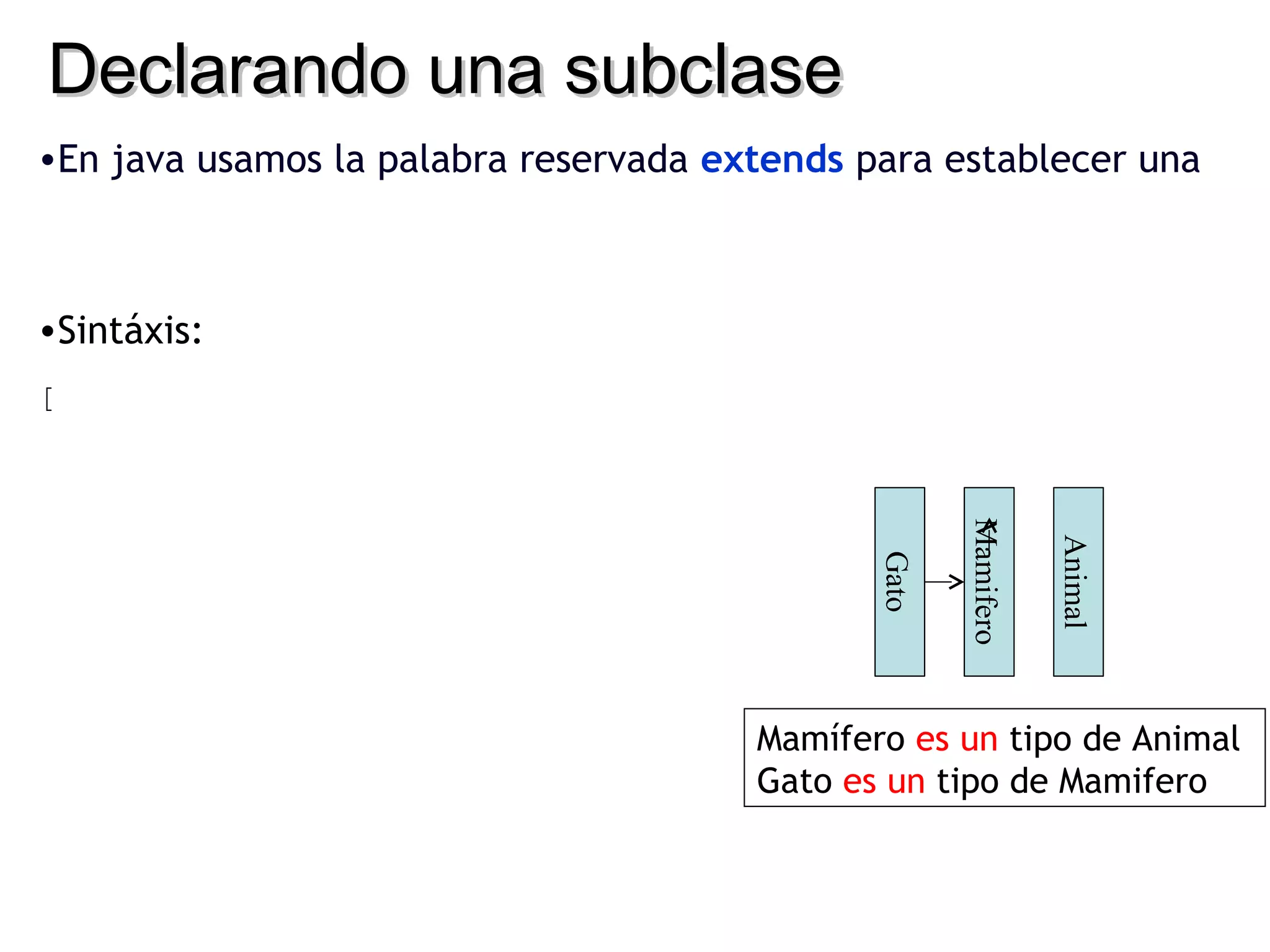 Declarando una subclase
•En java usamos la palabra reservada extends para establecer una



•Sintáxis:
[




                                                     Mamifero

                                                                Animal
                                              Gato
                                       Mamífero es un tipo de Animal
                                       Gato es un tipo de Mamifero
 