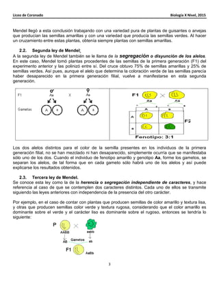Liceo de Coronado Biología X Nivel, 2015
3
Mendel llegó a esta conclusión trabajando con una variedad pura de plantas de guisantes o arvejas
que producían las semillas amarillas y con una variedad que producía las semillas verdes. Al hacer
un cruzamiento entre estas plantas, obtenía siempre plantas con semillas amarillas.
2.2. Segunda ley de Mendel:
A la segunda ley de Mendel también se le llama de la segregación o disyunción de los alelos.
En este caso, Mendel tomó plantas procedentes de las semillas de la primera generación (F1) del
experimento anterior y las polinizó entre sí. Del cruce obtuvo 75% de semillas amarillas y 25% de
semillas verdes. Así pues, aunque el alelo que determina la coloración verde de las semillas parecía
haber desaparecido en la primera generación filial, vuelve a manifestarse en esta segunda
generación.
Los dos alelos distintos para el color de la semilla presentes en los individuos de la primera
generación filial, no se han mezclado ni han desaparecido, simplemente ocurría que se manifestaba
sólo uno de los dos. Cuando el individuo de fenotipo amarillo y genotipo Aa, forme los gametos, se
separan los alelos, de tal forma que en cada gameto sólo habrá uno de los alelos y así puede
explicarse los resultados obtenidos.
2.3. Tercera ley de Mendel.
Se conoce esta ley como la de la herencia o segregación independiente de caracteres, y hace
referencia al caso de que se contemplen dos caracteres distintos. Cada uno de ellos se transmite
siguiendo las leyes anteriores con independencia de la presencia del otro carácter.
Por ejemplo, en el caso de contar con plantas que producen semillas de color amarillo y textura lisa,
y otras que producen semillas color verde y textura rugosa, considerando que el color amarillo es
dominante sobre el verde y el carácter liso es dominante sobre el rugoso, entonces se tendría lo
siguiente:
 