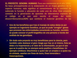 EL PROYECTO GENOMA HUMANO: Tuvo sus comienzos en el año 1990. 
Se basa principalmente en la elaboración de un mapa genético de la 
especie humana; esto significa el conocimiento de la cantidad de 
sabiendo la función y ubicación de cada uno de ellos. Este proyecto 
consiste en la generación de aparatos de laboratorios capaces de 
el código en el que está escrito el mapa del ácido 
desoxirribonucleico(ADN) que contiene el material genético de las 
 Uno de los beneficios que trae el manejo de estos datos es por 
ejemplo en Ingeniería Genética, ya que se pude "arreglar" genes 
que provocan las enfermedades conociendo su función, también 
se puede conocer el perfil biográfico de una persona a través del 
análisis de los genotipos. 
 Sin duda este proyecto es muy beneficioso para la ciencia, pero 
también cabe destacar el gran riesgo que hay en el mismo. Esto se 
debe a la importancia y el valor de la información, ya que el uso 
que se le podría dar no siempre sería positivo o beneficioso. Un 
ejemplo cotidiano: Discriminar a quien dar un empleo o a quien no; 
en síntesis, usarlas con fines de lucro, fines inmorales o 
inescrupulosos. 
 