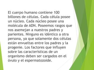 El cuerpo humano contiene 100
billones de células. Cada célula posee
un núcleo. Cada núcleo posee una
molécula de ADN. Poseemos rasgos que
nos asemejan a nuestros padres y
parientes. Ninguno es idéntico a otra
persona, ya que solamente dos células
están envueltas entre los padres y la
progenie. Los factores que influyen
sobre las características de un
organismo deben ser cargados en el
óvulo y el espermatozoide.
 