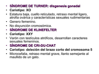 SÍNDROME DE TURNER: disgenesia gonadal Cariotipo: XO Estatura baja, cuello reticulado, retraso mental ligero, atrofia ovárica y características sexuales rudimentarias Genero femenino.  No disyunción cromosómica. SÍNDROME DE KLINEFELTER Cariotipo: XXY Varón con testículos atróficos, desarrollan caracteres sexuales femeninos. SÍNDROME DE CRI-DU-CHAT Cariotipo: deleción del brazo corto del cromosoma 5 Microcefalia, retraso mental grave, llanto semejante al maullido de un gato. 