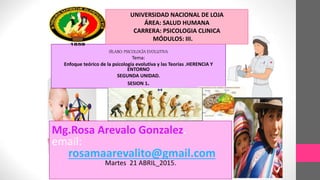 SÍLABO: PSICOLOGÍA EVOLUTIVA
Tema:
Enfoque teórico de la psicología evolutiva y las Teorías .HERENCIA Y
ENTORNO
SEGUNDA UNIDAD.
SESION 1.
UNIVERSIDAD NACIONAL DE LOJA
ÁREA: SALUD HUMANA
CARRERA: PSICOLOGIA CLINICA
MÓDULOS: III.
Mg.Rosa Arevalo Gonzalez.
email:
rosamaarevalito@gmail.com
Martes 21 ABRIL_2015.
 