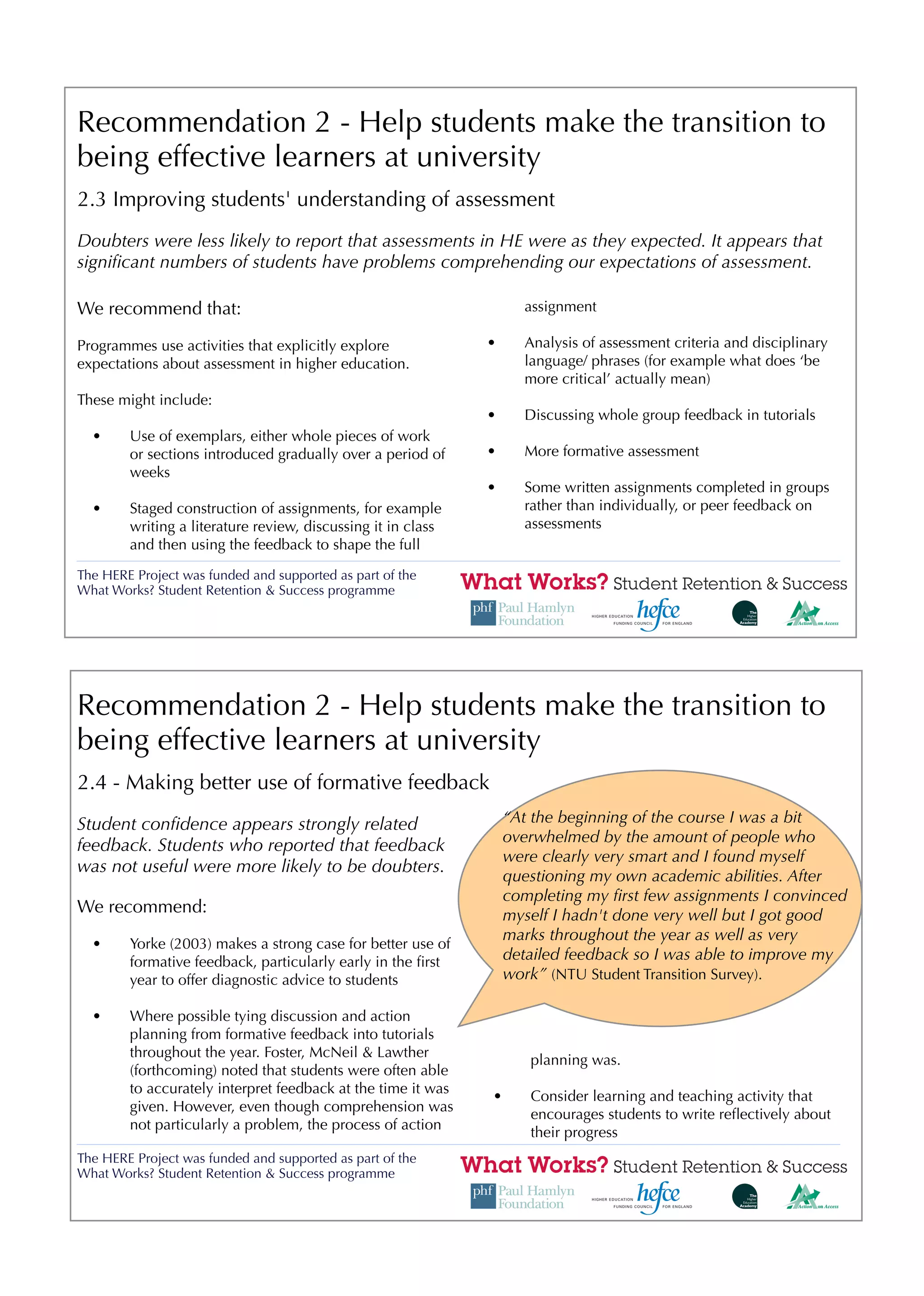 Recommendation 2 - Help students make the transition to
being effective learners at university
2.3 Improving students' understanding of assessment
Doubters were less likely to report that assessments in HE were as they expected. It appears that
signiﬁcant numbers of students have problems comprehending our expectations of assessment.

We recommend that:                                                  assignment

Programmes use activities that explicitly explore             •     Analysis of assessment criteria and disciplinary
expectations about assessment in higher education.                  language/ phrases (for example what does ‘be
                                                                    more critical’ actually mean)
These might include:
                                                              •     Discussing whole group feedback in tutorials
  •     Use of exemplars, either whole pieces of work
        or sections introduced gradually over a period of     •     More formative assessment
        weeks
                                                              •     Some written assignments completed in groups
  •     Staged construction of assignments, for example             rather than individually, or peer feedback on
        writing a literature review, discussing it in class         assessments
        and then using the feedback to shape the full

The HERE Project was funded and supported as part of the
What Works? Student Retention & Success programme




Recommendation 2 - Help students make the transition to
being effective learners at university
2.4 - Making better use of formative feedback
Student conﬁdence appears strongly related                        “At the beginning of the course I was a bit
                                                                  overwhelmed by the amount of people who
feedback. Students who reported that feedback
                                                                  were clearly very smart and I found myself
was not useful were more likely to be doubters.
                                                                  questioning my own academic abilities. After
                                                                  completing my ﬁrst few assignments I convinced
We recommend:                                                     myself I hadn't done very well but I got good
                                                                  marks throughout the year as well as very
  •     Yorke (2003) makes a strong case for better use of
        formative feedback, particularly early in the ﬁrst        detailed feedback so I was able to improve my
        year to offer diagnostic advice to students               work” (NTU Student Transition Survey).

  •     Where possible tying discussion and action
        planning from formative feedback into tutorials
        throughout the year. Foster, McNeil & Lawther
                                                                     planning was.
        (forthcoming) noted that students were often able
        to accurately interpret feedback at the time it was
                                                              •      Consider learning and teaching activity that
        given. However, even though comprehension was
                                                                     encourages students to write reﬂectively about
        not particularly a problem, the process of action
                                                                     their progress
The HERE Project was funded and supported as part of the
What Works? Student Retention & Success programme
 