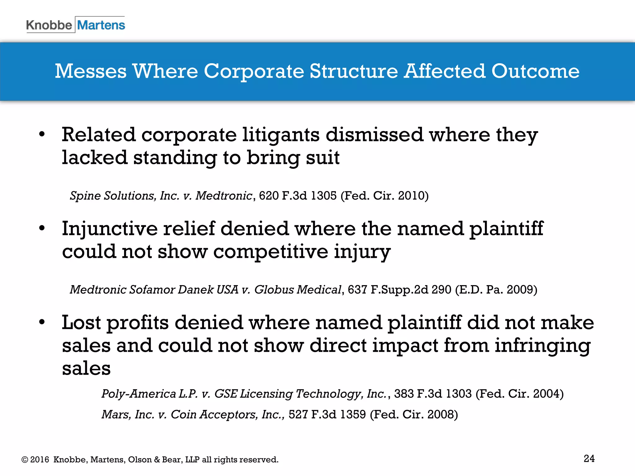 24© 2016 Knobbe, Martens, Olson & Bear, LLP all rights reserved.
Messes Where Corporate Structure Affected Outcome
• Related corporate litigants dismissed where they
lacked standing to bring suit
Spine Solutions, Inc. v. Medtronic, 620 F.3d 1305 (Fed. Cir. 2010)
• Injunctive relief denied where the named plaintiff
could not show competitive injury
Medtronic Sofamor Danek USA v. Globus Medical, 637 F.Supp.2d 290 (E.D. Pa. 2009)
• Lost profits denied where named plaintiff did not make
sales and could not show direct impact from infringing
sales
Poly-America L.P. v. GSE Licensing Technology, Inc., 383 F.3d 1303 (Fed. Cir. 2004)
Mars, Inc. v. Coin Acceptors, Inc., 527 F.3d 1359 (Fed. Cir. 2008)
 
