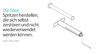 DieIdee:
Spritzenherstellen,
diesichselbst
zerstörenundnicht
wiederverwendet
werdenkönnen.
Super Idee, oder?
 