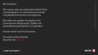 WirsindXerox.
Wir meinen, dass ein verbesserter Arbeits-Flow
entscheidend ist, um Unternehmenswandel
und globale Fortschritte zu ermöglichen.
Wir helfen den größten Sturköpfen, ihre
Unternehmen, Regierungen, Städte und
Gesundheitsorganisationen zu verändern.
Und wir stehen auch für Sie bereit.
Für weitere Informationen
besuchen Sie xerox.com
©2015XeroxCorporation.AlleRechtevorbehalten.Xerox®undXeroxandDesign®
sindMarkenderXeroxCorporationindenUSAund/oderanderenLändern.
 