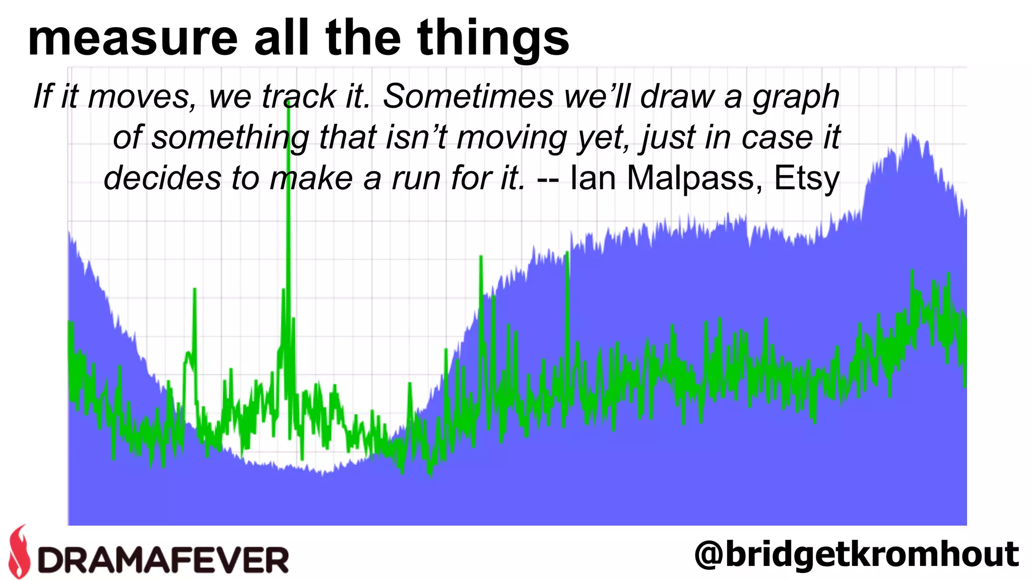 measure all the things 
If it moves, we track it. Sometimes we’ll draw a graph 
of something that isn’t moving yet, just in case it 
decides to make a run for it. -- Ian Malpass, Etsy 
@bridgetkromhout 
 