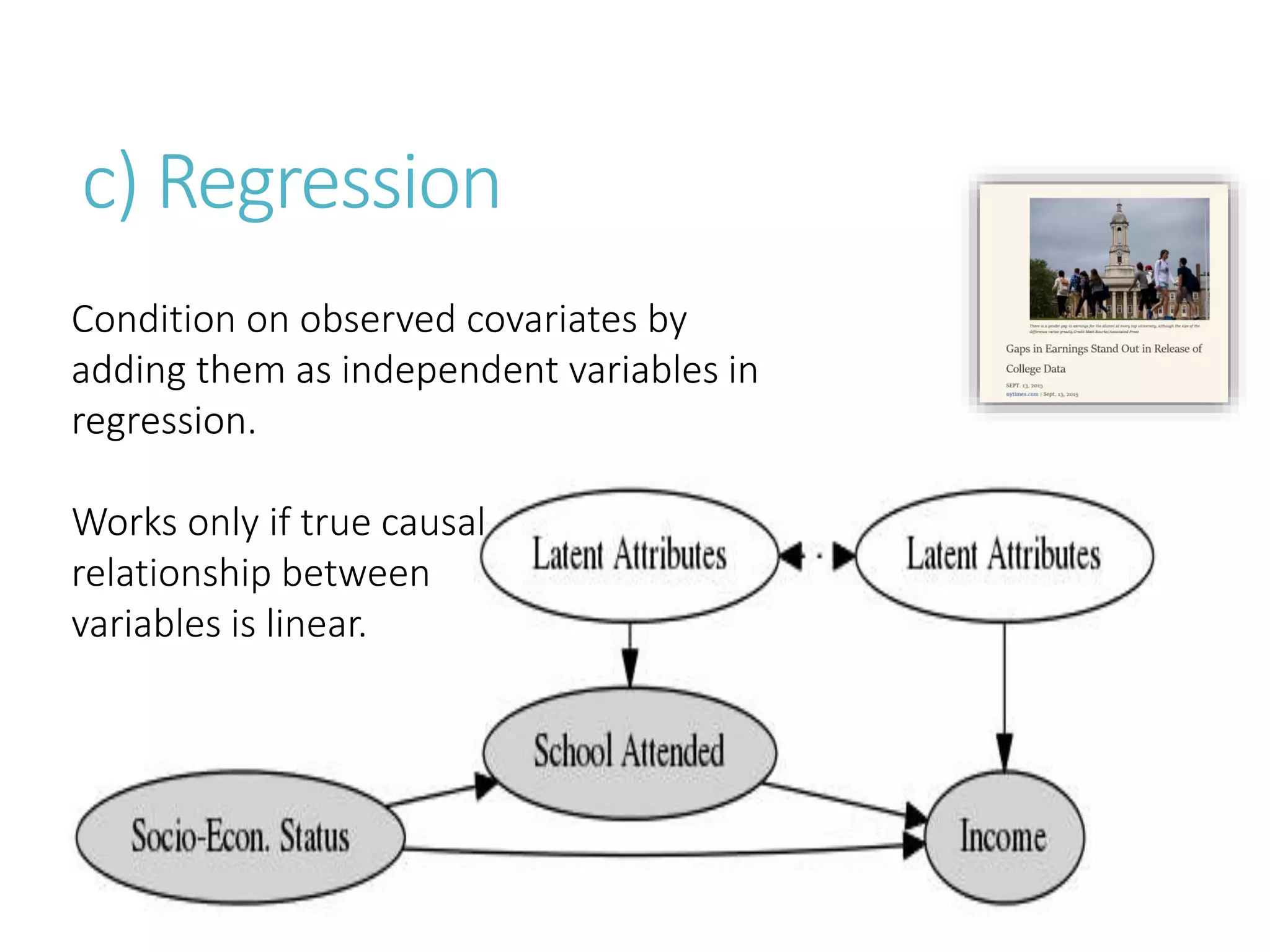 c) Regression
Condition on observed covariates by
adding them as independent variables in
regression.
Works only if true causal
relationship between
variables is linear.
 