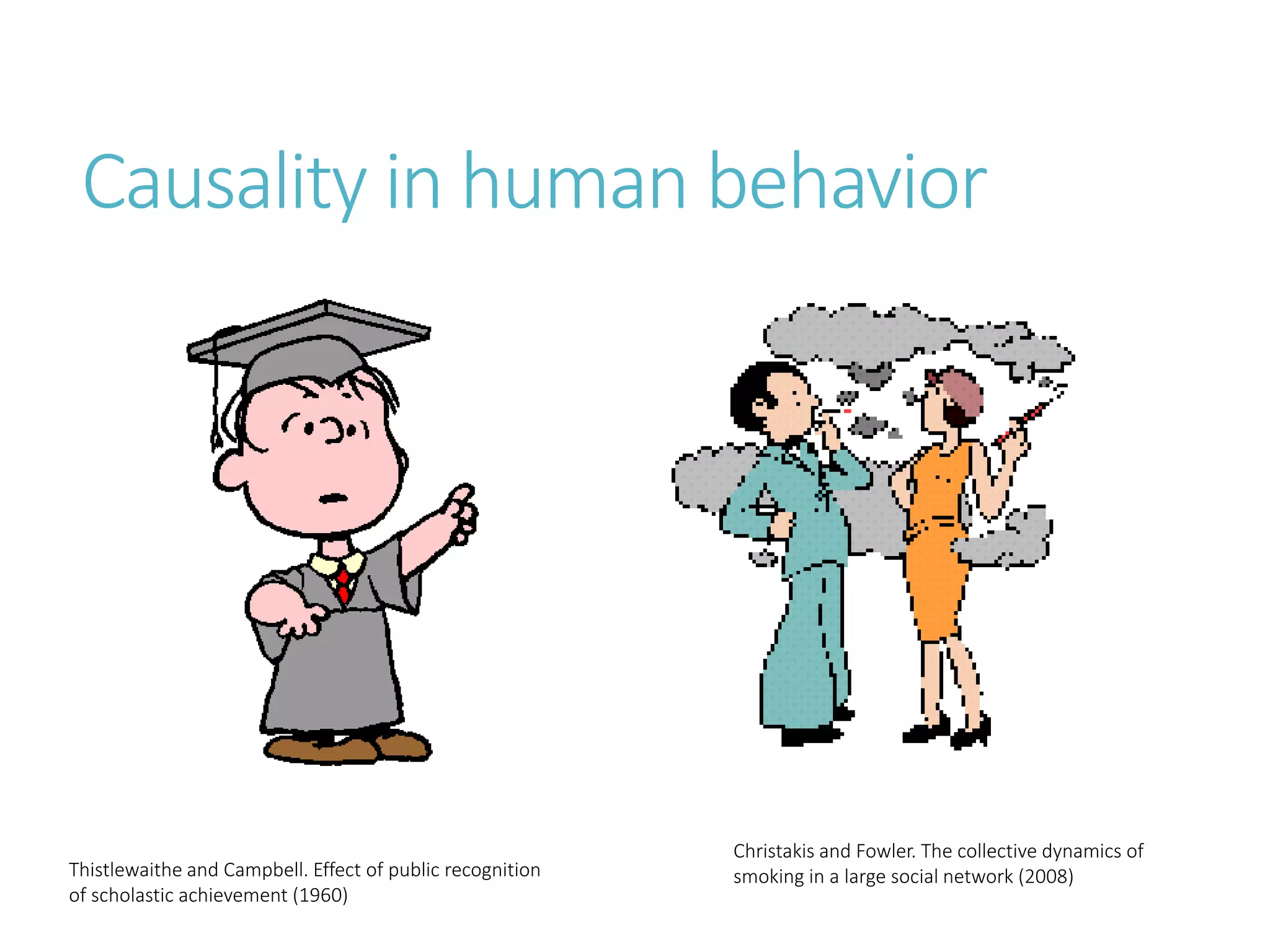 Causality in human behavior
Thistlewaithe and Campbell. Effect of public recognition
of scholastic achievement (1960)
Christakis and Fowler. The collective dynamics of
smoking in a large social network (2008)
 