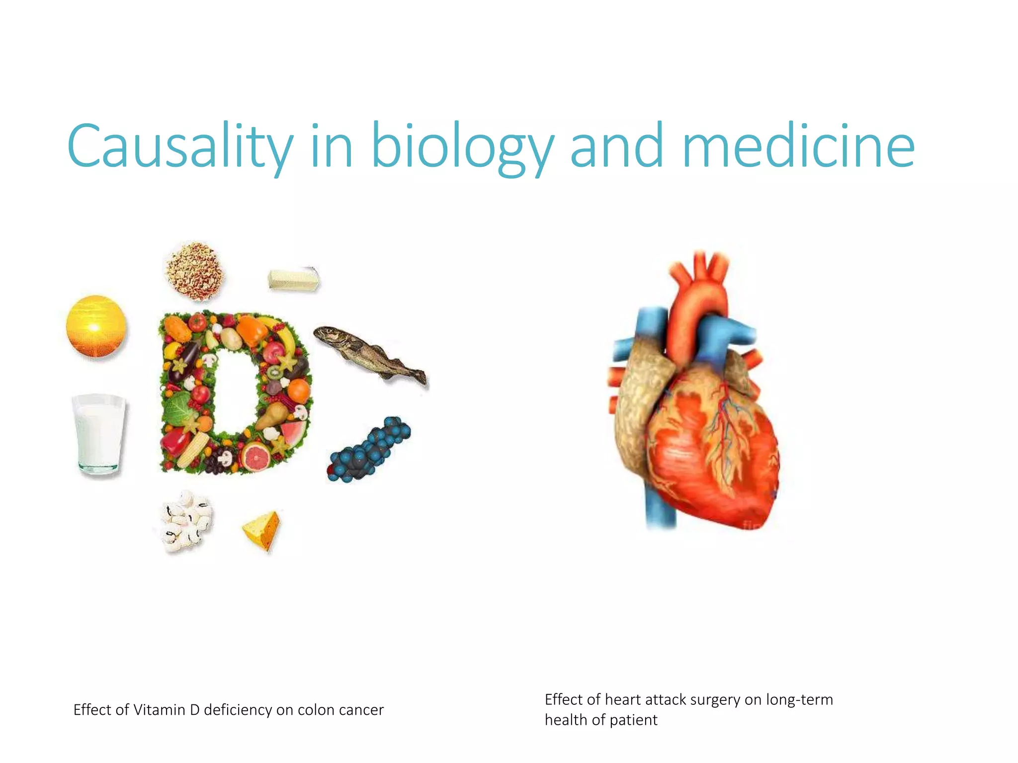Causality in biology and medicine
Effect of Vitamin D deficiency on colon cancer
Effect of heart attack surgery on long-term
health of patient
 