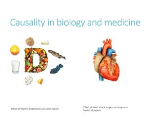 Causality in biology and medicine
Effect of Vitamin D deficiency on colon cancer
Effect of heart attack surgery on long-term
health of patient
 