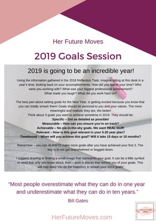 Her Future Moves
2019 Goals Session
“Most people overestimate what they can do in one year
and underestimate what they can do in ten years.”
Bill Gates
HerFutureMoves.com
Using the information gathered in the 2018 Reflection Task, imagine sitting at this desk in a
year’s time, looking back on your accomplishments. How did you spend your time? Who
were you working with? What was your biggest professional achievement?
What made you laugh? What did you work hard on?
The best part about setting goals for the New Year, is getting excited because you know that
you can totally smash them! Goals should be personal to you and your values. The more
meaningful and realistic they are, the better!
Think about 3 goals you want to achieve sometime in 2019. They should be:
Specific – Get as detailed as possible!
Measurable – How can you ensure you’re on track?
Achievable – No pie-in-the-sky goals. We want REAL stuff!
Relevant – How is this goal relevant in your 5-20 year plan?
Timebound – When will you achieve this goal? Will it take 10 days or 10 months?
Remember – you can ALWAYS make more goals after you have achieved your first 3. The
key is to not get overwhelmed or bogged down.
I suggest drawing or finding a small image that represents your goal. It can be a little symbol
or word that only you know about, then – post in places that remind you of your goals. This
will help keep you on the trajectory to smash your 2019 goals!
2019 is going to be an incredible year!
 