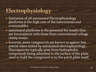  limitation of all automated Electrophysiology
platforms is the high cost of the instruments and
consumables.
 automated platforms is the potential for results that
are inconsistent with those from conventional voltage
clamp assays.
 however, some compounds are known to appear less
potent when tested by automated electrophysiology.
Discrepancies typically arise from hydrophobic
compounds being adsorbed to the surface of the plate
used to hold the compound or to the patch plate itself.
B K Mody Govt Pharmacy College, Rajkot 23
 