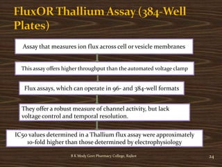B K Mody Govt Pharmacy College, Rajkot 24
Assay that measures ion flux across cell or vesicle membranes
This assay offers higher throughput than the automated voltage clamp
Flux assays, which can operate in 96- and 384-well formats
They offer a robust measure of channel activity, but lack
voltage control and temporal resolution.
IC50 values determined in a Thallium flux assay were approximately
10-fold higher than those determined by electrophysiology
 