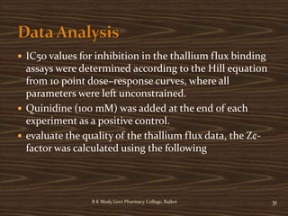  IC50 values for inhibition in the thallium flux binding
assays were determined according to the Hill equation
from 10 point dose–response curves, where all
parameters were left unconstrained.
 Quinidine (100 mM) was added at the end of each
experiment as a positive control.
 evaluate the quality of the thallium flux data, the Z¢-
factor was calculated using the following
B K Mody Govt Pharmacy College, Rajkot 31
 