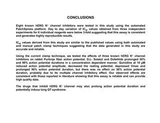 CONCLUSIONS

Eight known hERG K+ channel inhibitors were tested in this study using the automated
PatchXpress platform. Day to day variation of IC50 values obtained from three independent
experiments for 6 individual reagents were below 3-fold suggesting that this assay is consistent
and generates highly reproducible results.

IC50 values derived from this study are similar to the published values using both automated
and manual patch clamp techniques suggesting that the data generated in this study are
accurate and reliable.

Using the current clamp technique, we tested the effects of three known hERG K+ channel
inhibitors on rabbit Purkinje fiber action potential. D,L- Sotalol and Dofetilide prolonged 50%
and 90% action potential durations in a concentration dependent manner. Quinidine at 10 M
reduced action potential amplitude, decreased the resting potential, depressed Vmax and
prolonged 90% action potential duration, but there was no effect on 50% action potential
duration, probably due to its multiple channel inhibitory effect. Our observed effects are
consistent with those reported in literature showing that this assay is reliable and can provide
high quality data.

The drugs that inhibit hERG K+ channel may also prolong action potential duration and
potentially induce long QT syndrome.
 