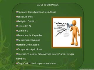 DATOS INFORMATIVOS
Paciente: Caiza Moreno Luis Alfonso
Edad: 24 años.
Religión: Católico
HCL: 438172
Cama: # 1
Procedencia: Cayambe
Residencia: Cayambe
Estado Civil: Casado.
Ocupación: Agricultura
Servicio: “Hospital Pablo Arturo Suarez” área: Cirugía
Hombres.
Diagnóstico: Herida por arma blanca.
 