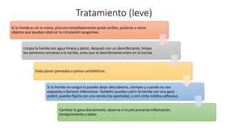 Tratamiento (leve)
Si la herida es en la mano, procura inmediatamente quitar anillos, pulseras u otros
objetos que puedan obstruir la circulación sanguínea.
Limpia la herida con agua limpia y jabón, después con un desinfectante, limpia
los extremos cercanos a la herida, evita que el desinfectante entre en la herida.
Evita poner pomadas o polvos antibióticos.
Si la herida no sangra la puedes dejar descubierta, siempre y cuando no sea
expuesta a factores infecciosos. También puedes cubrir la herida con una gasa
estéril, puedes fijarla con una venda (no apretada), o con cinta médica adhesiva.
Cambiar la gasa diariamente, observa si la piel presenta inflamación,
enrojecimiento o dolor.
 
