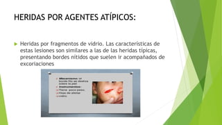 HERIDAS POR AGENTES ATÍPICOS:
 Heridas por fragmentos de vidrio. Las características de
estas lesiones son similares a las de las heridas típicas,
presentando bordes nítidos que suelen ir acompañados de
excoriaciones
 