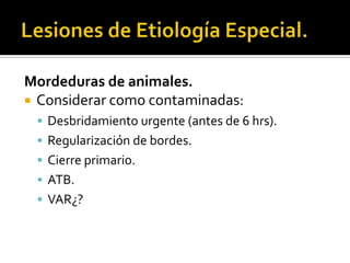 Lesiones de Etiología Especial.Mordeduras de animales.Considerar como contaminadas:Desbridamiento urgente (antes de 6 hrs).Regularización de bordes.Cierre primario.ATB.VAR¿?