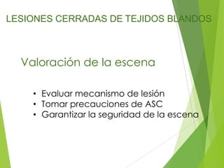 LESIONES CERRADAS DE TEJIDOS BLANDOS

Valoración de la escena
• Evaluar mecanismo de lesión
• Tomar precauciones de ASC
• Garantizar la seguridad de la escena

 