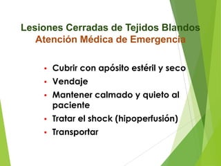 Lesiones Cerradas de Tejidos Blandos
Atención Médica de Emergencia
•

Cubrir con apósito estéril y seco

•

Vendaje

•

Mantener calmado y quieto al
paciente

•

Tratar el shock (hipoperfusión)

•

Transportar

 