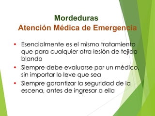 Mordeduras
Atención Médica de Emergencia
• Esencialmente es el mismo tratamiento
que para cualquier otra lesión de tejido
blando
• Siempre debe evaluarse por un médico,
sin importar lo leve que sea
• Siempre garantizar la seguridad de la
escena, antes de ingresar a ella

 