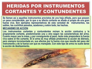 HERIDAS POR INSTRUMENTOS
CORTANTES Y CONTUNDENTES
Se llaman así a aquellos instrumentos provistos de una hoja afilada, pero que poseen
un peso considerable, por lo que a su efecto cortante se añade el propio de una gran
fuerza viva. Son ejemplos representativos de esta variedad de instrumentos, los
sables, los cuchillos pesados, azadones y sobre todo, las hachas.
MECANISMO DE ACCIÓN
Los instrumentos cortantes y contundentes reúnen la acción contusiva y la
propiamente cortante, predominando una u otra según las características del arma.
Cuanto mayor sea la masa, y por consiguiente el peso, tanto más prepondera la fuerza
viva sobre el filo cortante. Si el arma es muy afilada predomina la acción de diéresis,
pero siempre incrementada en, sus efectos por la fuerza viva que resulta del peso del
instrumento y de la fuerza con que es manejado. Con este tipo de arma no suele darse
la acción de deslizamiento.
 