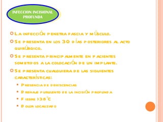La infección penetra fascia y músculo. Se presenta en los 30 días posteriores al acto quirúrgico. Se presenta principalmente en pacientes sometidos a la colocación de un implante. Se presenta cualquiera de las siguientes características: Presencia de dehiscencias  Drenaje purulento de la incisión profunda Fiebre >38°C Dolor localizado INFECCION INCISIONAL PROFUNDA 
