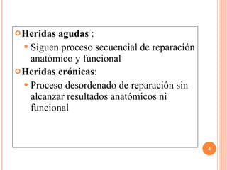 Heridas agudas  : Siguen proceso secuencial de reparación anatómico y funcional Heridas crónicas : Proceso desordenado de reparación sin alcanzar resultados anatómicos ni funcional 