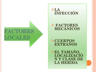 FACTORES LOCALES  LA INFECCIÓN FACTORES MECÁNICOS CUERPOS EXTRAÑOS EL TAMAÑO, LOCALIZACIÓN Y CLASE DE LA HERIDA 