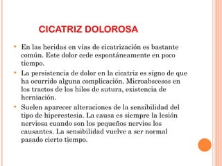 CICATRIZ DOLOROSA En las heridas en vías de cicatrización es bastante común. Este dolor cede espontáneamente en poco tiempo. La persistencia de dolor en la cicatriz es signo de que ha ocurrido alguna complicación. Microabscesos en los tractos de los hilos de sutura, existencia de herniación. Suelen aparecer alteraciones de la sensibilidad del tipo de hiperestesia. La causa es siempre la lesión nerviosa cuando son los pequeños nervios los causantes. La sensibilidad vuelve a ser normal pasado cierto tiempo. 