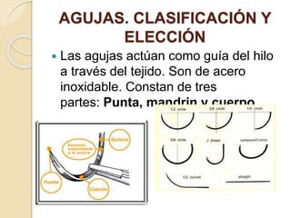  Las agujas actúan como guía del hilo
a través del tejido. Son de acero
inoxidable. Constan de tres
partes: Punta, mandrin y cuerpo.
AGUJAS. CLASIFICACIÓN Y
ELECCIÓN
 