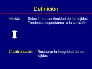 Definición
Herida: - Solución de continuidad de los tejidos.
- Tendencia espontánea a la curación.
Cicatrización: - Restaurar la integridad de los
tejidos
 