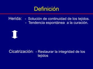 Definición
Herida: - Solución de continuidad de los tejidos.
- Tendencia espontánea a la curación.
Cicatrización: - Restaurar la integridad de los
tejidos
 