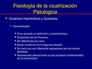  Cicatrices Hipertroficas y Queloides
 Generalidades:
 Poco acuerdo en definición y conocimientos.
 Exclusivas del ser Humano.
 Sin diferencias por sexo.
 Mayor incidencia en la segunda década.
 Se creía que son diferentes expresiones de una misma
patología.
 Representan aberraciones en los procesos fundamentales
de la cicatrización.
Fisiología de la cicatrización
Patológica
 