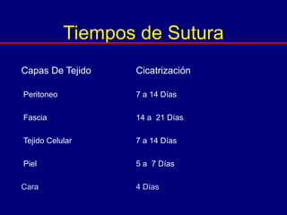 Tiempos de Sutura
Capas De Tejido Cicatrización
Peritoneo 7 a 14 Días
Fascia 14 a 21 Días
Tejido Celular 7 a 14 Días
Piel 5 a 7 Días
Cara 4 Días
 