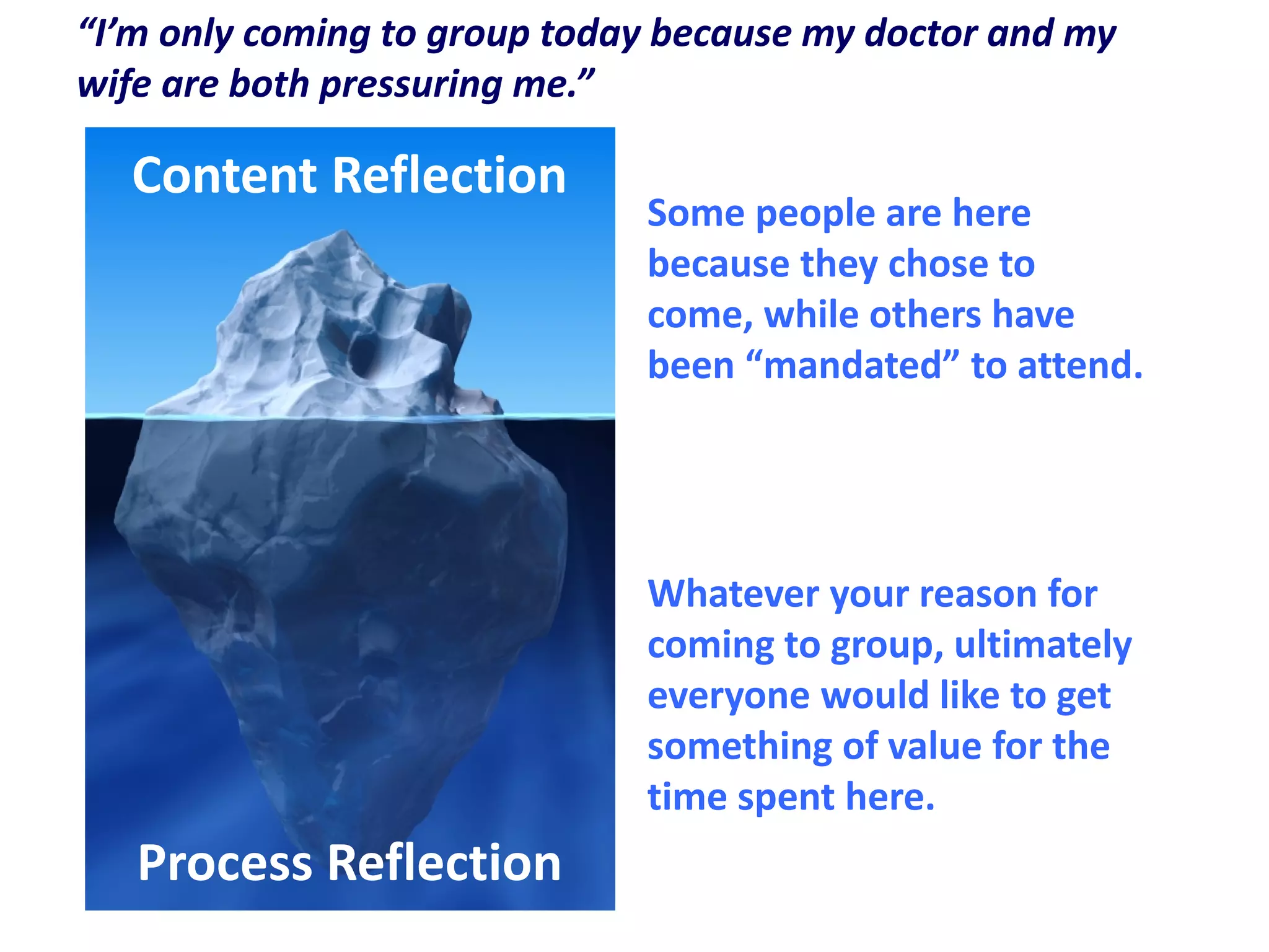 Content Reflection
Process Reflection
Whatever your reason for
coming to group, ultimately
everyone would like to get
something of value for the
time spent here.
Some people are here
because they chose to
come, while others have
been “mandated” to attend.
“I’m only coming to group today because my doctor and my
wife are both pressuring me.”
 