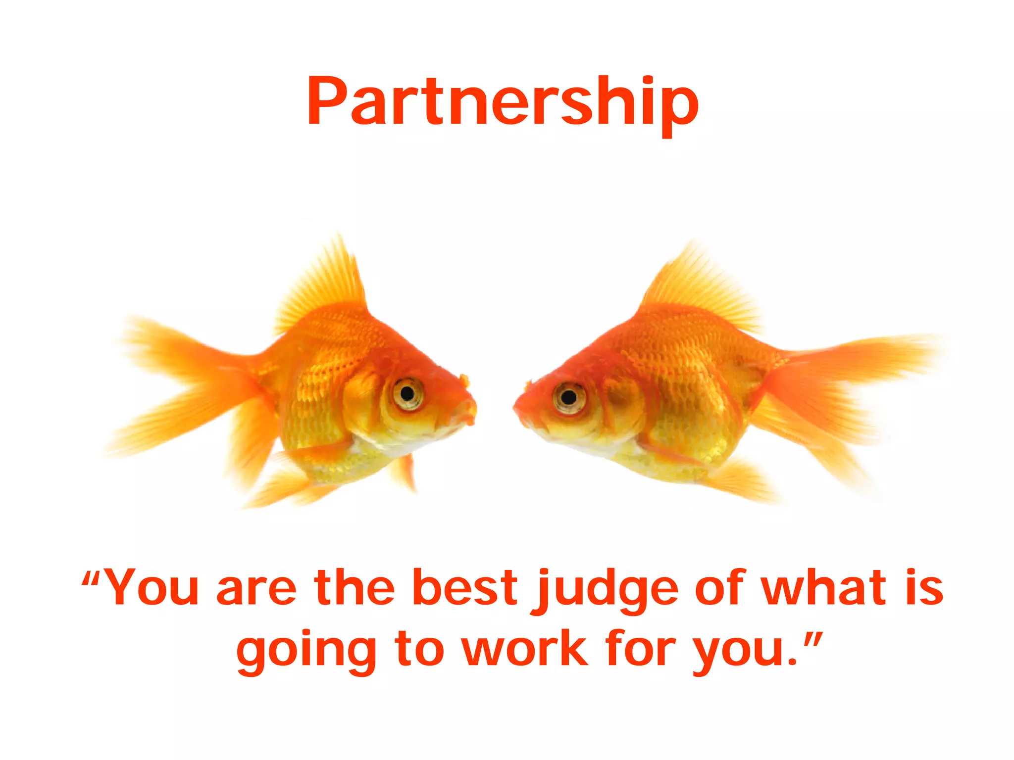 Partnership
“You are the best judge of what is
going to work for you.”
 