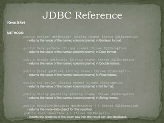 JDBC Reference
ResultSet
METHODS:
public boolean getBoolean (String cname) throws SQLException
- returns the value of the named column(cname) in Boolean format.
public Date getDate (String cname) throws SQLException
- returns the value of the named column(cname) in Date format.
public double getDouble (String cname) throws SQLException
- returns the value of the named column(cname) in Double format.
public float getFloat (String cname) throws SQLException
- returns the value of the named column(cname) in Float format.
public int getInt (String cname) throws SQLException
- returns the value of the named column(cname) in Int format.
public String getString (String cname) throws SQLException
- returns the value of the named column(cname) in String format.
public ResultSetMetaData getMetaData ( ) throws SQLException
- returns the meta-data object for this resultset.
public void insertRow ( ) throws SQLException
- inserts the contents of the insert row into the result set and database.
 