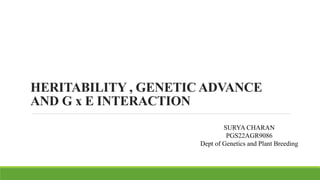HERITABILITY , GENETIC ADVANCE
AND G x E INTERACTION
SURYA CHARAN
PGS22AGR9086
Dept of Genetics and Plant Breeding
 