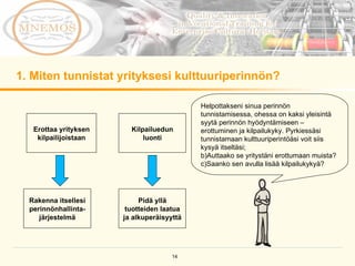 1. Miten tunnistat yrityksesi kulttuuriperinnön? Erottaa yrityksen kilpailijoistaan Kilpailuedun luonti Rakenna itsellesi perinnönhallinta-järjestelmä Pidä yllä tuotteiden laatua ja alkuperäisyyttä Helpottakseni sinua perinnön tunnistamisessa, ohessa on kaksi yleisintä syytä perinnön hyödyntämiseen – erottuminen ja kilpailukyky. Pyrkiessäsi tunnistamaan kulttuuriperintöäsi voit siis kysyä itseltäsi;  Auttaako se yritystäni erottumaan muista?  Saanko sen avulla lisää kilpailukykyä?  